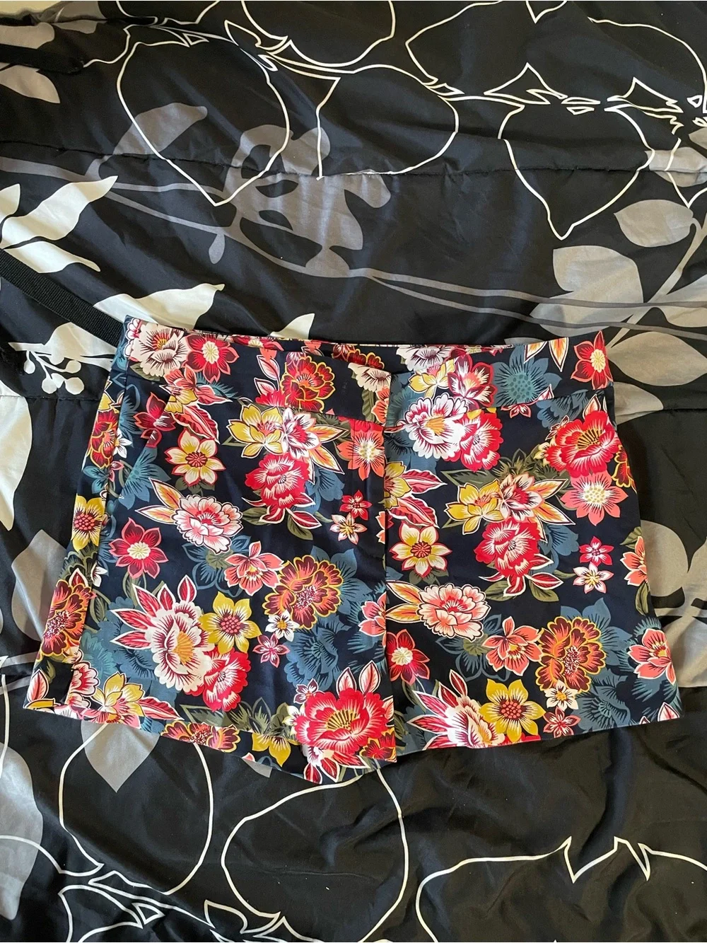 LOFT Black Floral Mini Skirt with Red & Yellow Blooms